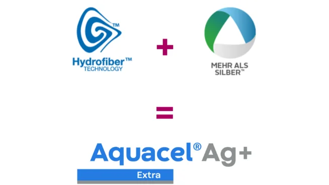 Formel mit Logos für Hydrofiber Technologie, Mehr als Silber Technologie und Aquacel Ag+ Extra