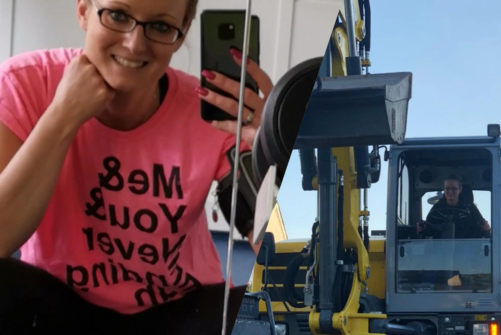 トラクターの後ろで男性と微笑む男性