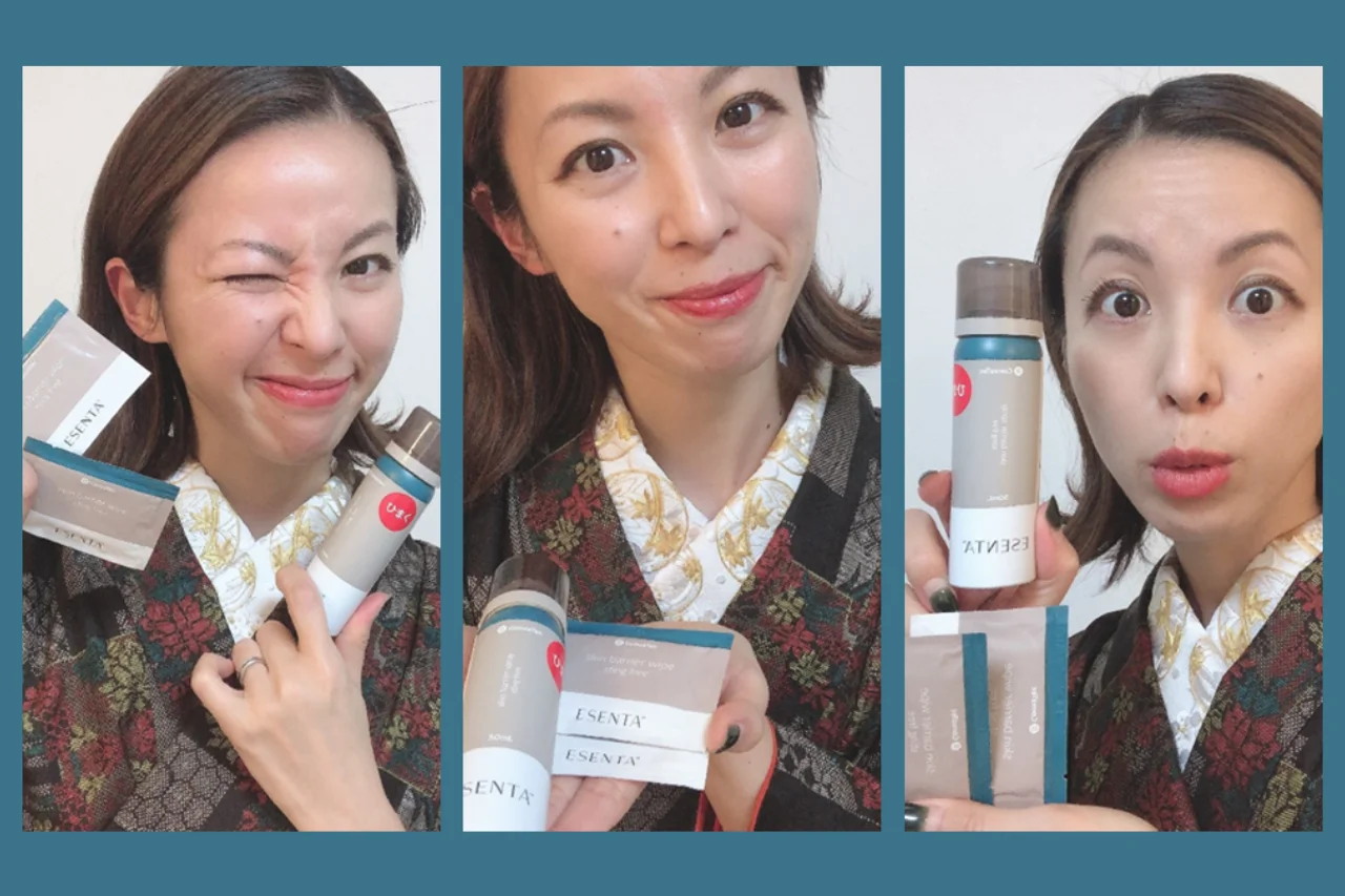 香水のボトルを持つ人のコラージュ